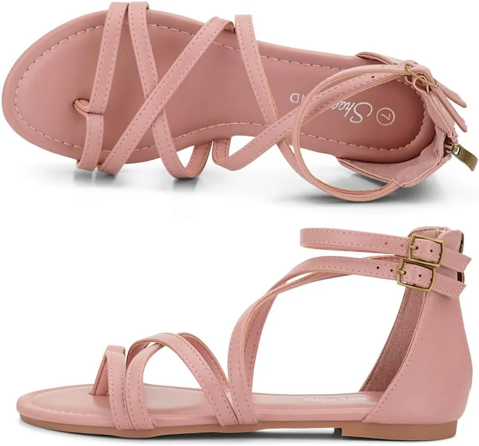 Shoe Land Flat Gladiator Sandals for Women 2025 – Fisherman Thong with Adjustable Ankle Strap & Back Zipper | Comfortable for Beach, Walking & Daily Wear