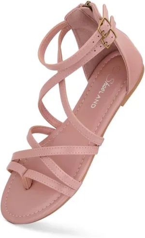 Shoe Land Flat Gladiator Sandals for Women 2025 – Fisherman Thong with Adjustable Ankle Strap & Back Zipper | Comfortable for Beach, Walking & Daily Wear