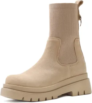 Shoe'N Tale Women's Chelsea Ankle Boots Platform Elastic Lug Sole Non-Slip Round Toe Slip-on Sock Booties