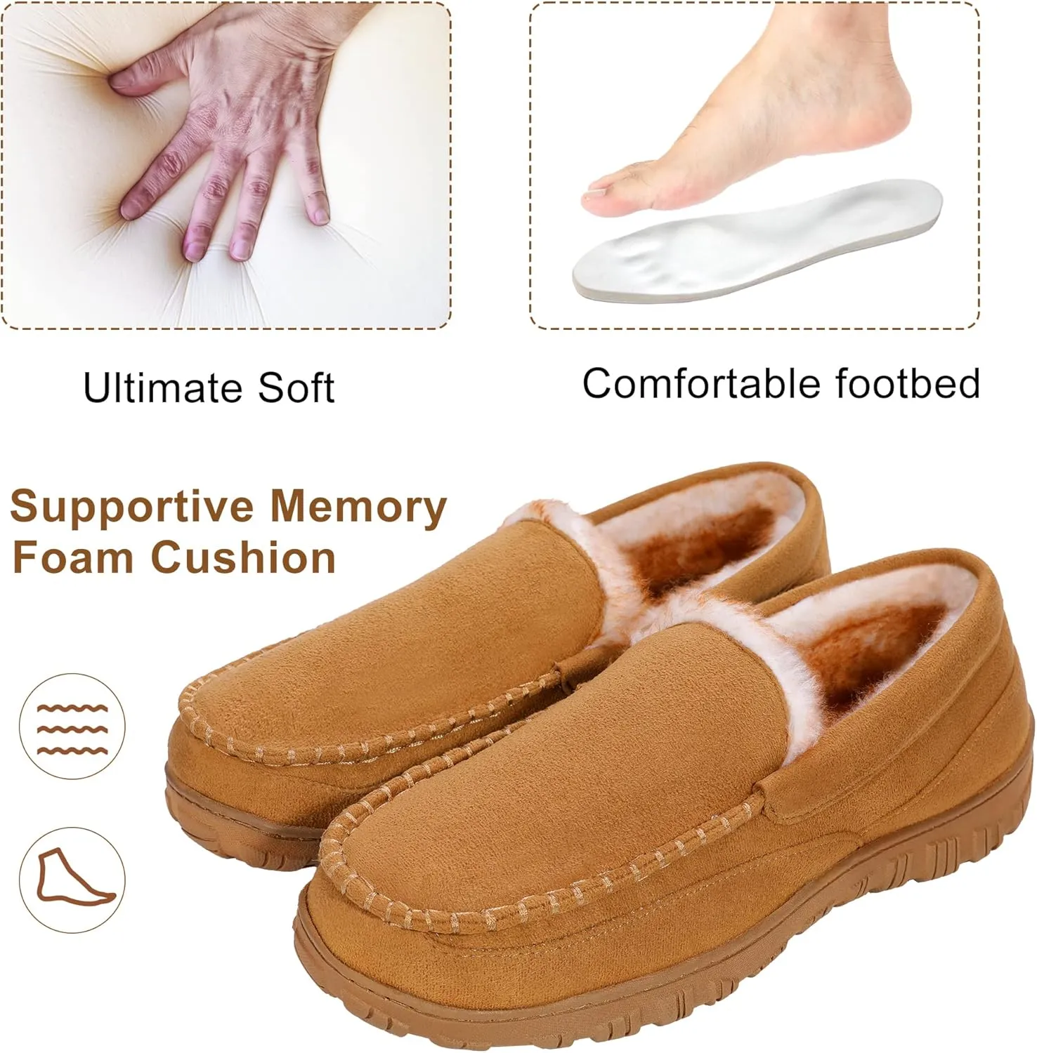 Slippers for Men Mens Moccasin Slippers Fuzzy Memory Foam House Shoes Indoor Outdoor Rubber Sole