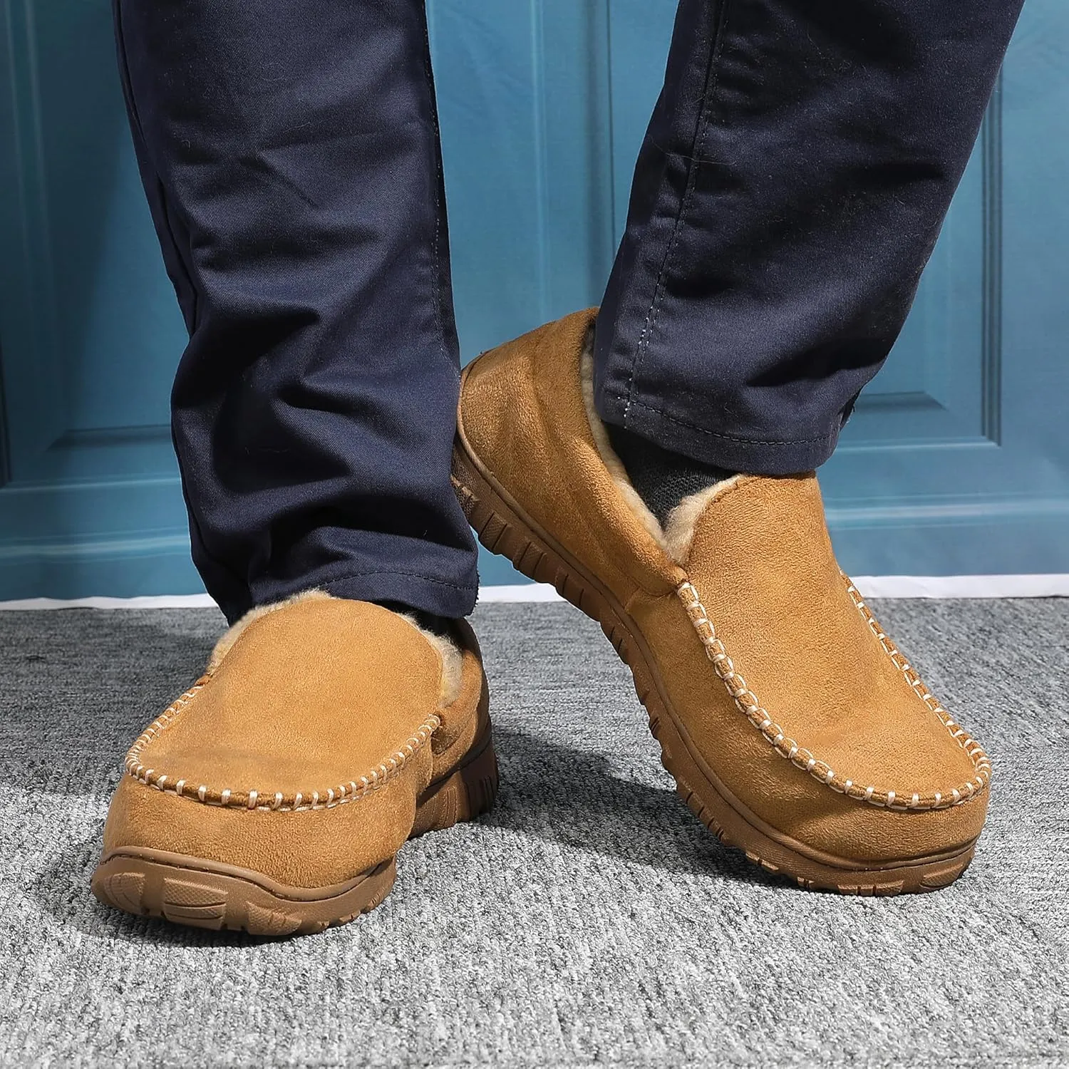 Slippers for Men Mens Moccasin Slippers Fuzzy Memory Foam House Shoes Indoor Outdoor Rubber Sole