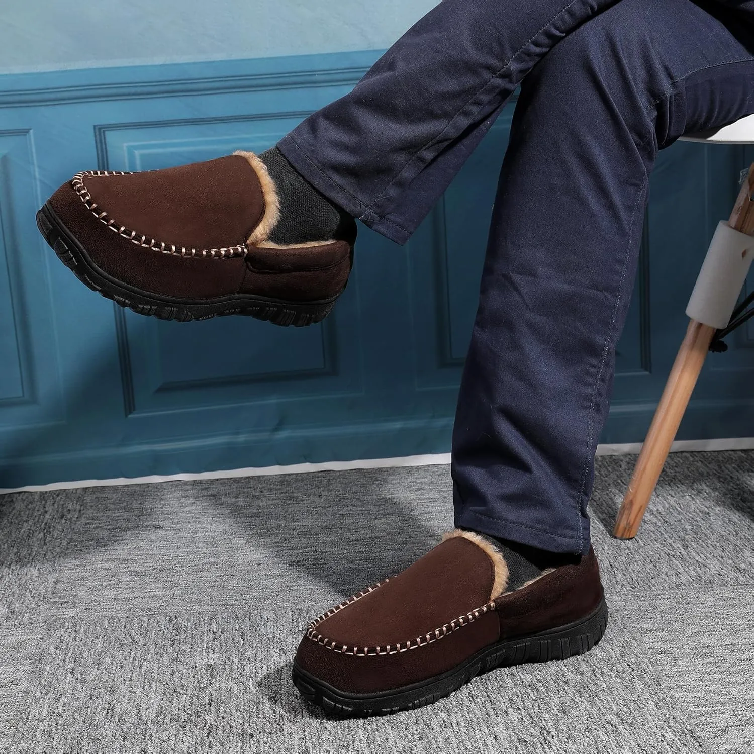 Slippers for Men Mens Moccasin Slippers Fuzzy Memory Foam House Shoes Indoor Outdoor Rubber Sole