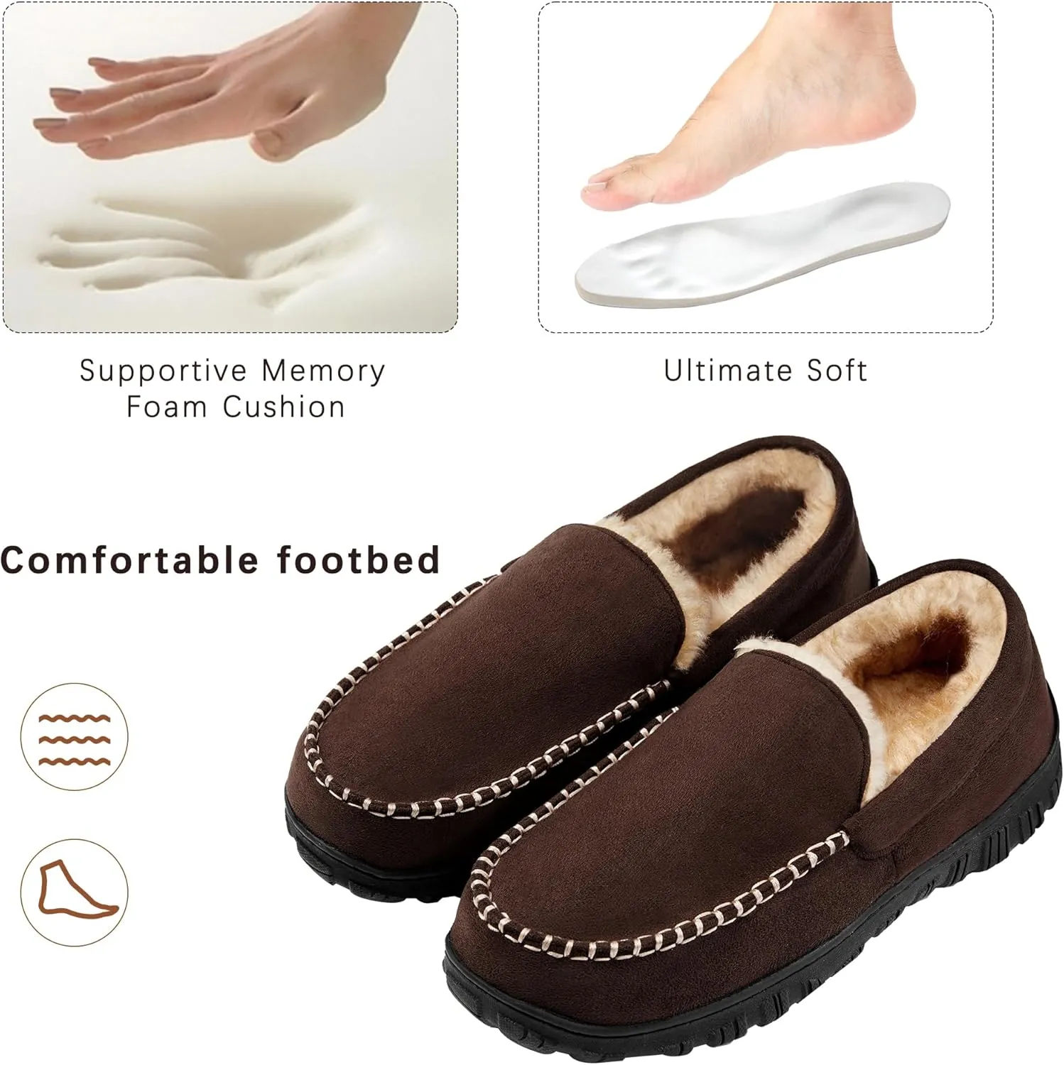 Slippers for Men Mens Moccasin Slippers Fuzzy Memory Foam House Shoes Indoor Outdoor Rubber Sole