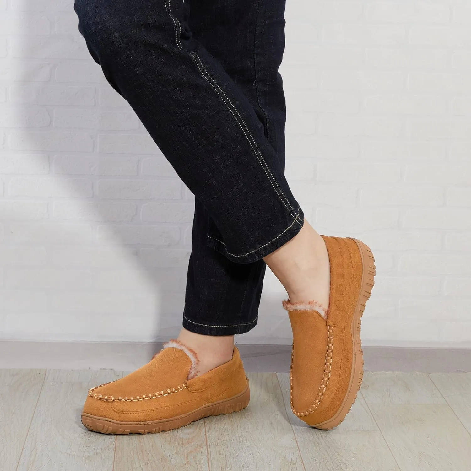 Slippers for Men Mens Moccasin Slippers Fuzzy Memory Foam House Shoes Indoor Outdoor Rubber Sole