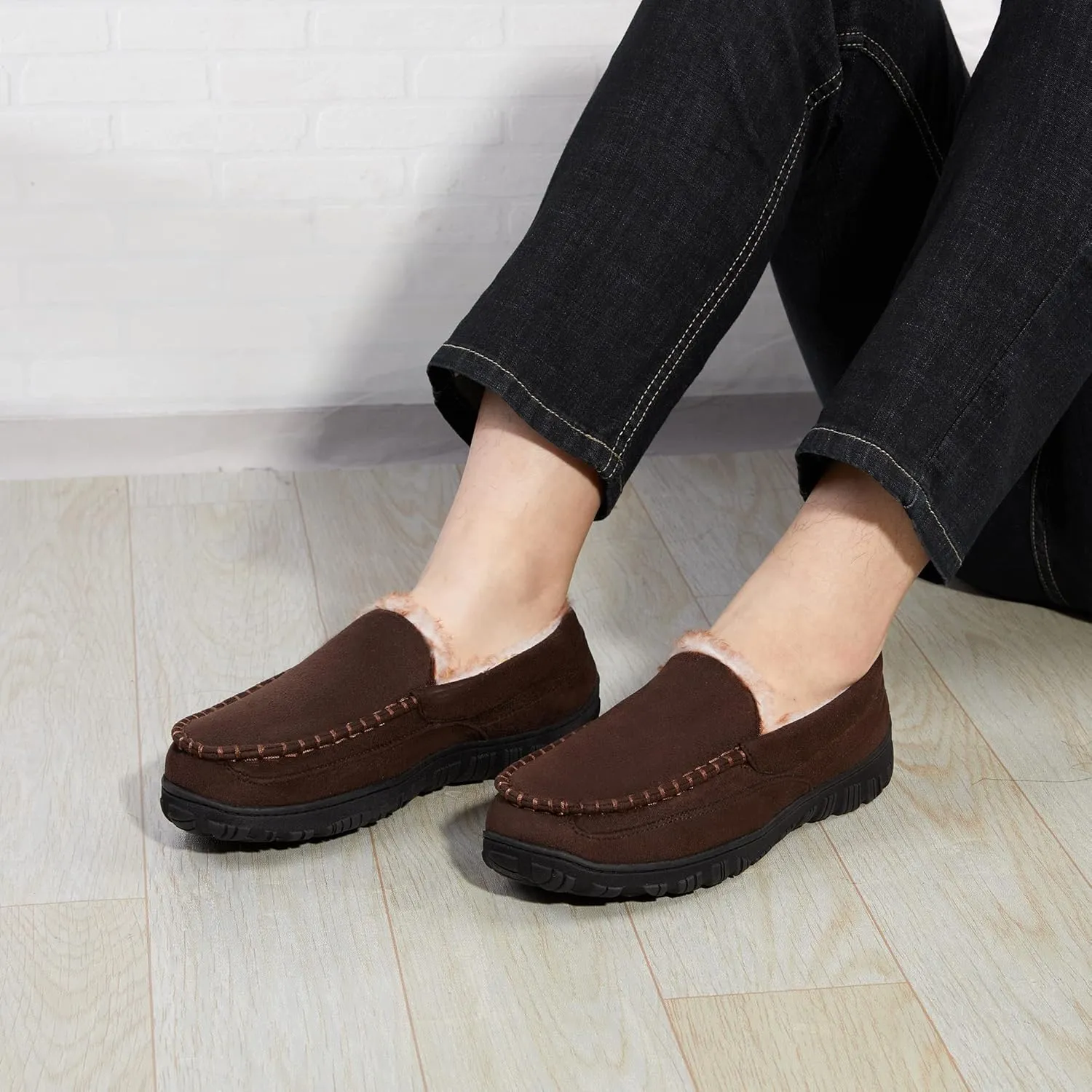 Slippers for Men Mens Moccasin Slippers Fuzzy Memory Foam House Shoes Indoor Outdoor Rubber Sole