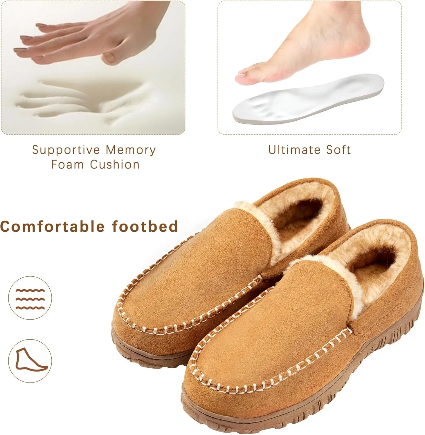 Slippers for Men Mens Moccasin Slippers Fuzzy Memory Foam House Shoes Indoor Outdoor Rubber Sole