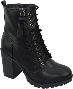 Soda Women Chunky High Heel Combat Army Military Riding Ankle Boots Lace Up Booties Malia-S Black 10