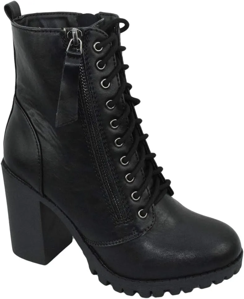 Soda Women Chunky High Heel Combat Army Military Riding Ankle Boots Lace Up Booties Malia-S Black 10