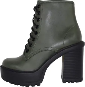 Soda Women Chunky Thick High Heels Combat Lug Sole Ankle Boots Platform Lace Up Booties Side Zipper Volume-S Green Khaki 7.5