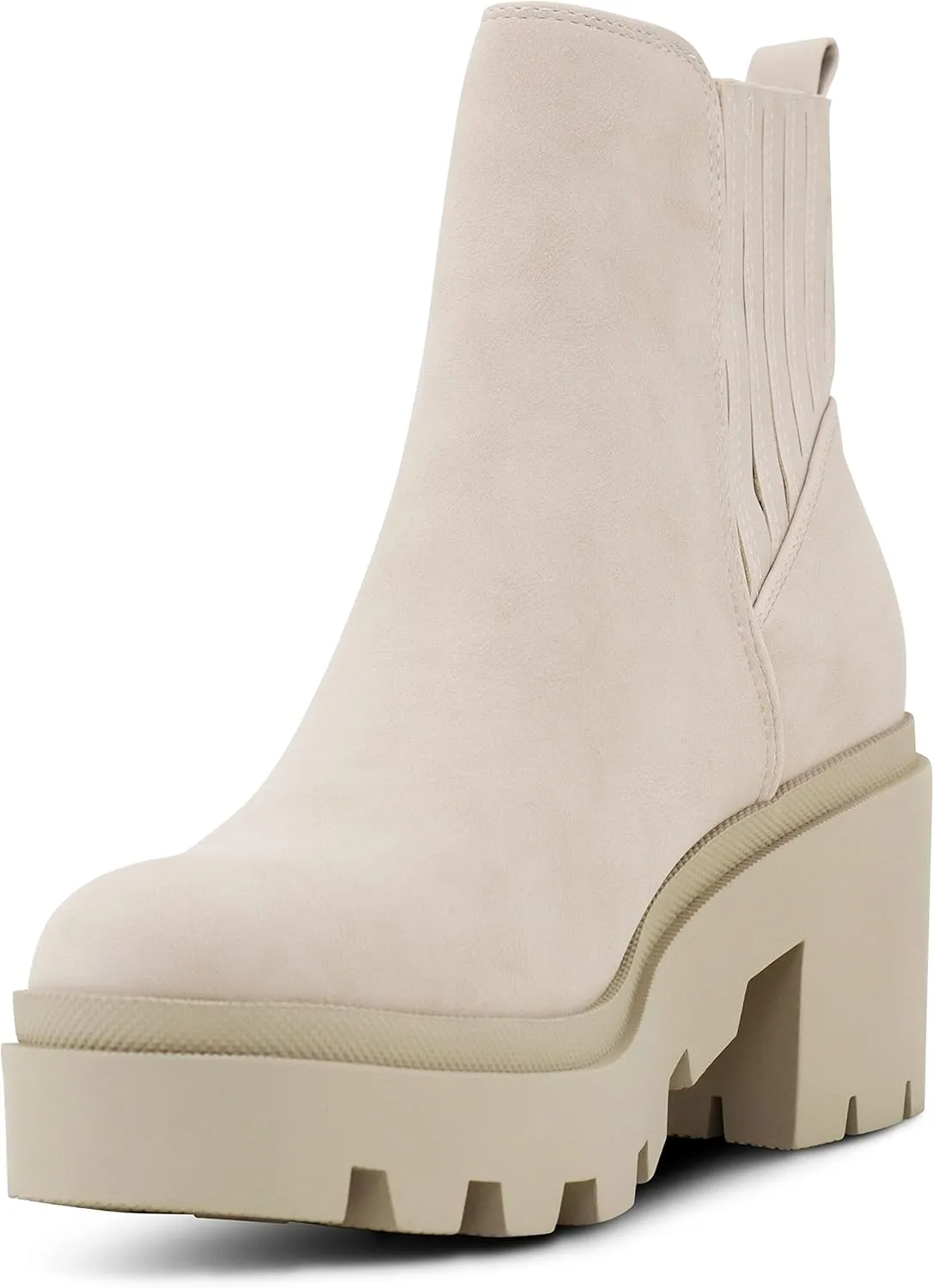 Soda Women's Ankle Boots Slip on Chunky Block Mid Heel Elastic Panel Casual Chelsea Western Booties