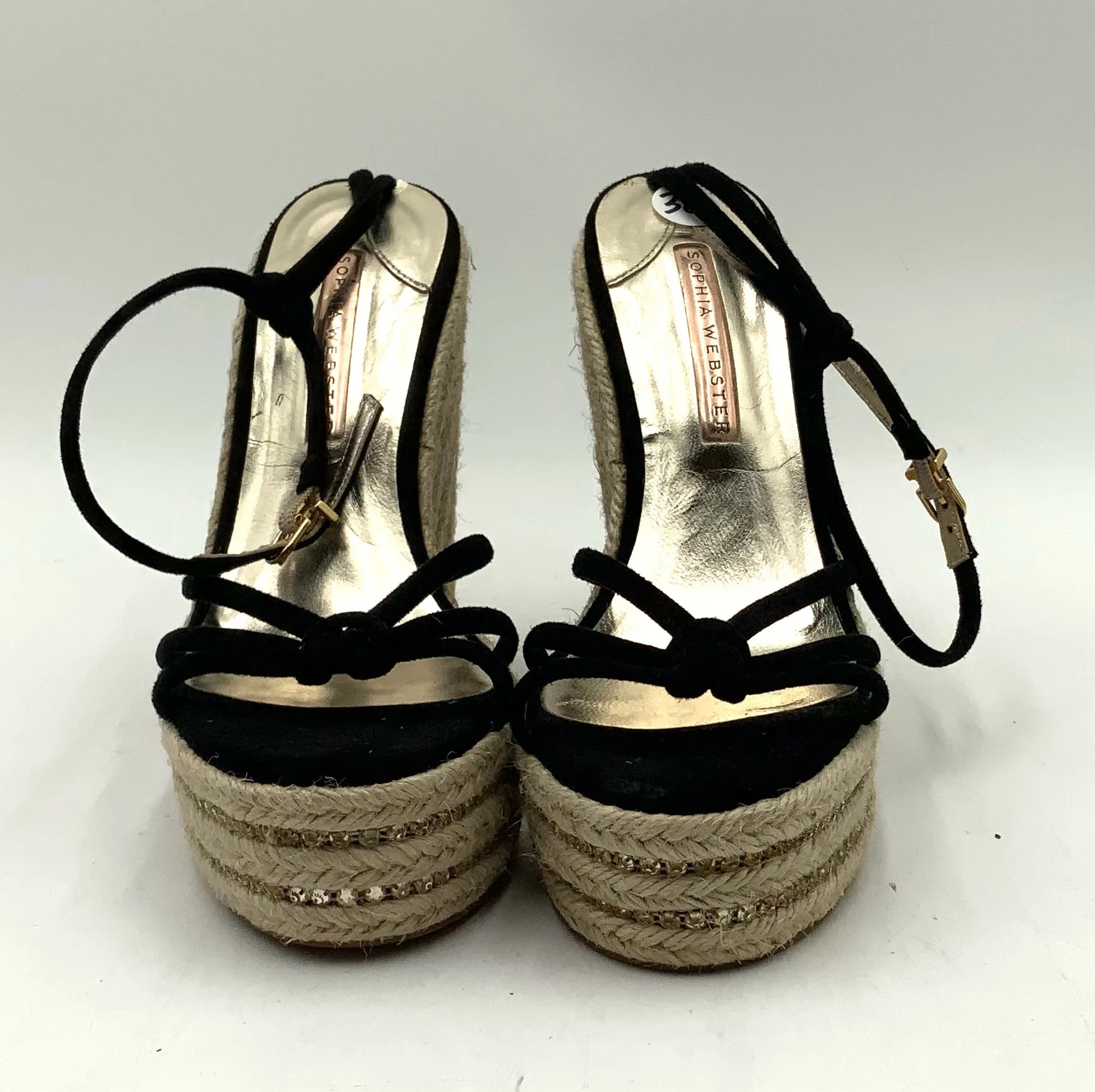 SOPHIA WEBSTER Black Suede Crystal Inset Espadrille Alina Wedge Sandals 38