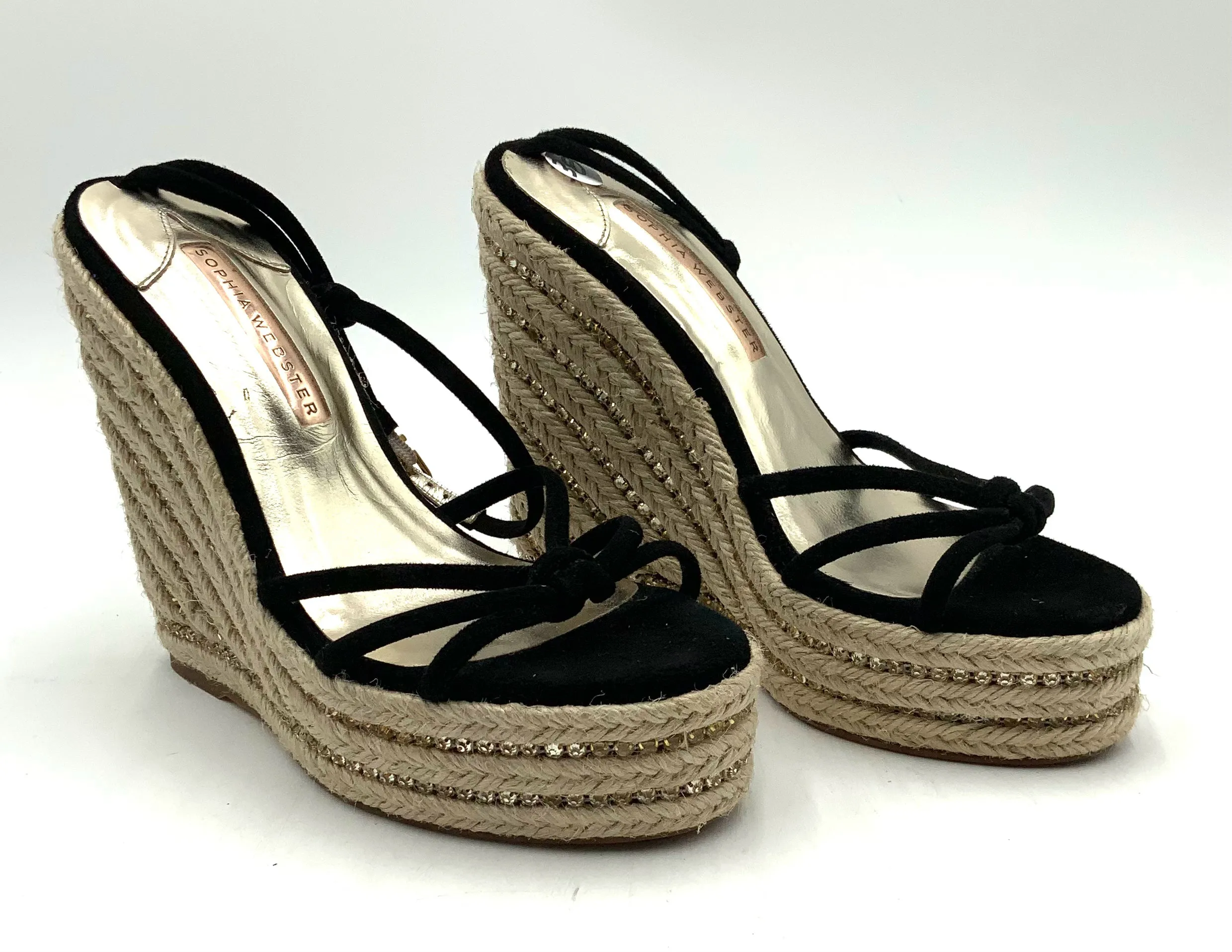 SOPHIA WEBSTER Black Suede Crystal Inset Espadrille Alina Wedge Sandals 38
