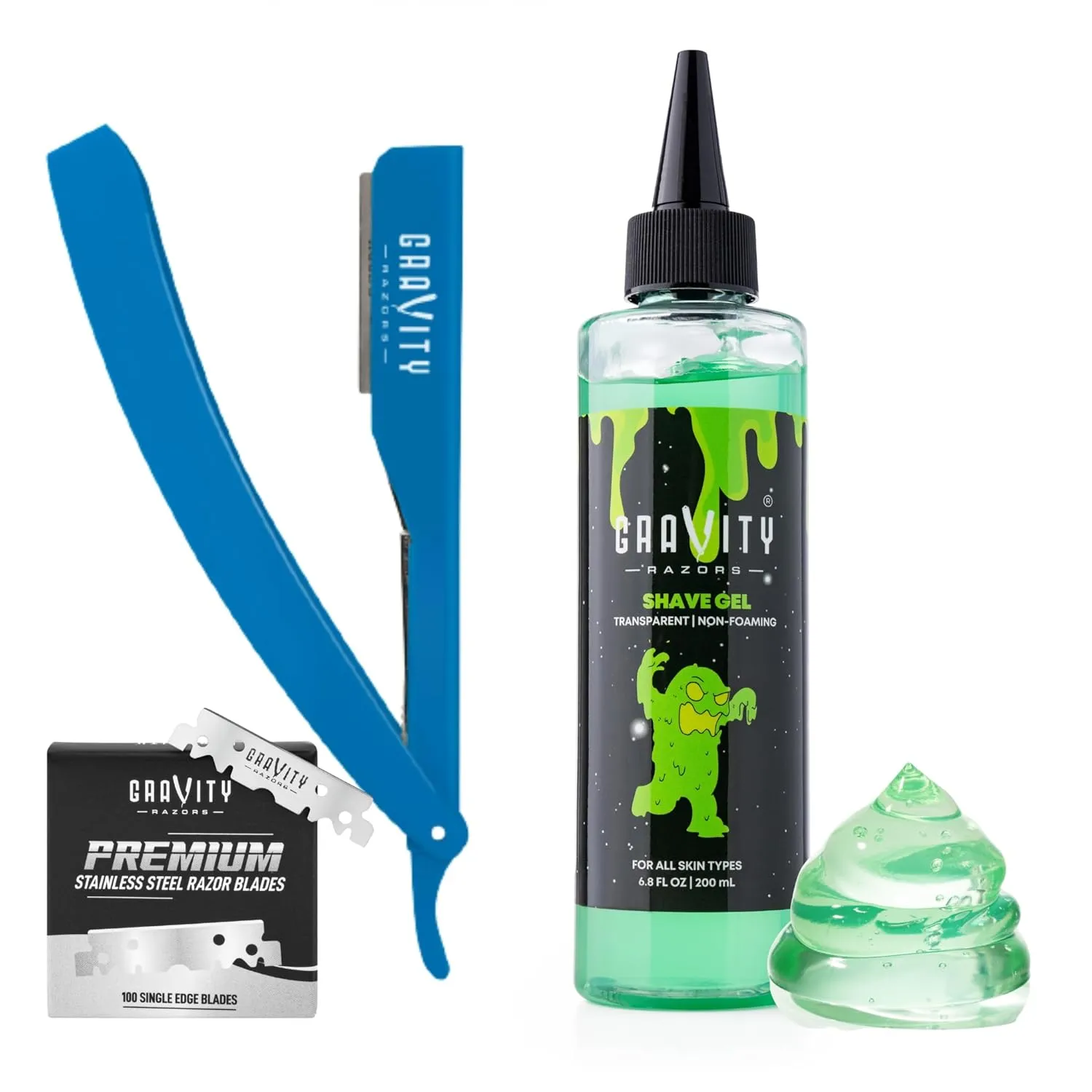Straight Razor Bundle - 2mm Exposed Straight Razor Kit (Mystique) with 110 Gravity Premium Blades and Barber-Grade Shaving Gel, 6.8 oz