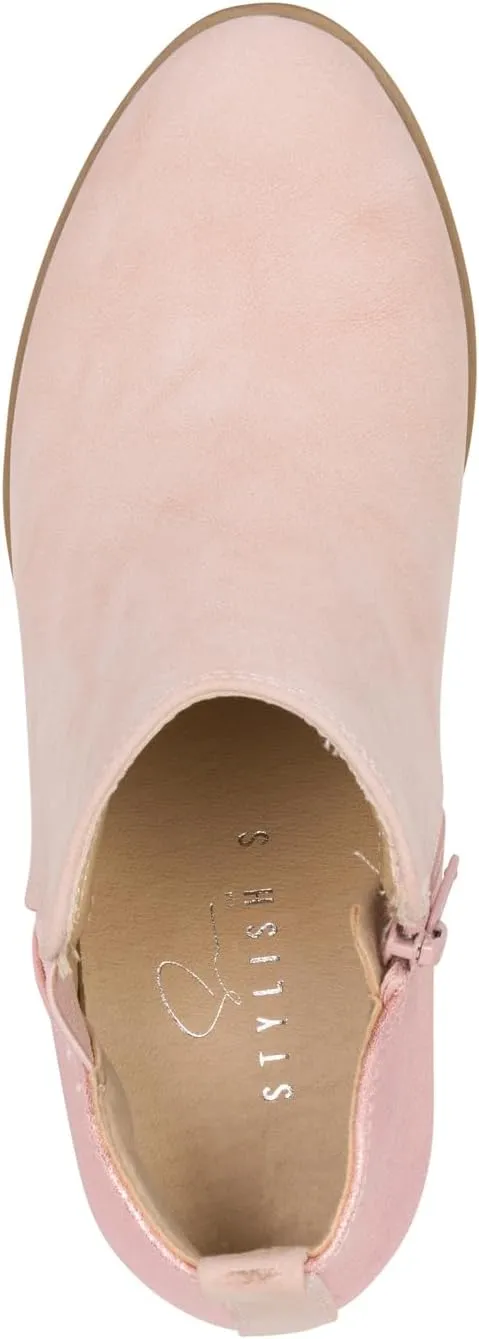 STYLISH S CISNE-K ~ Little Girls Low Stacked Heel Round Toe Chelsea Booties with Side Zipper
