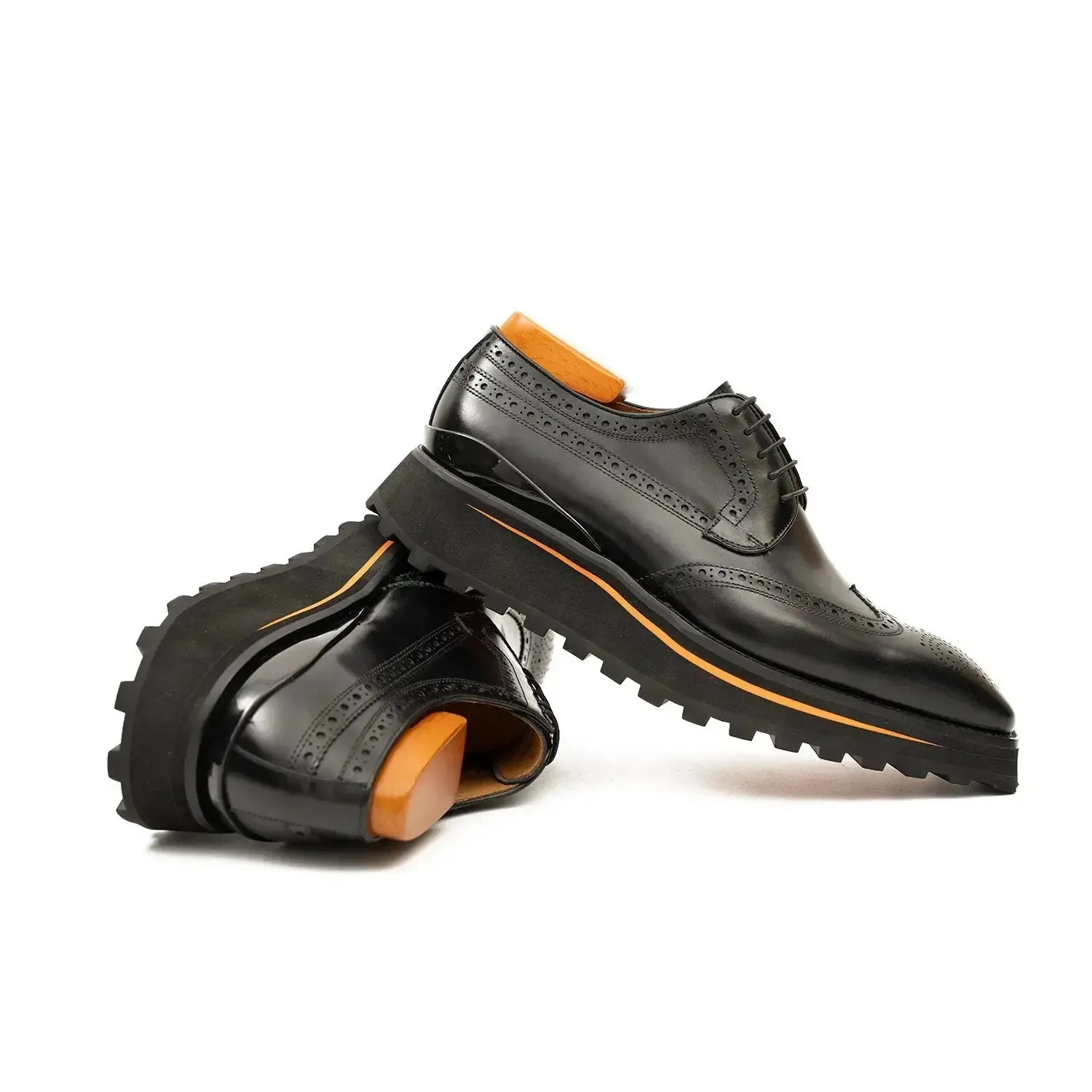 Thick-soled calfskin formal brogue derby shoes Black