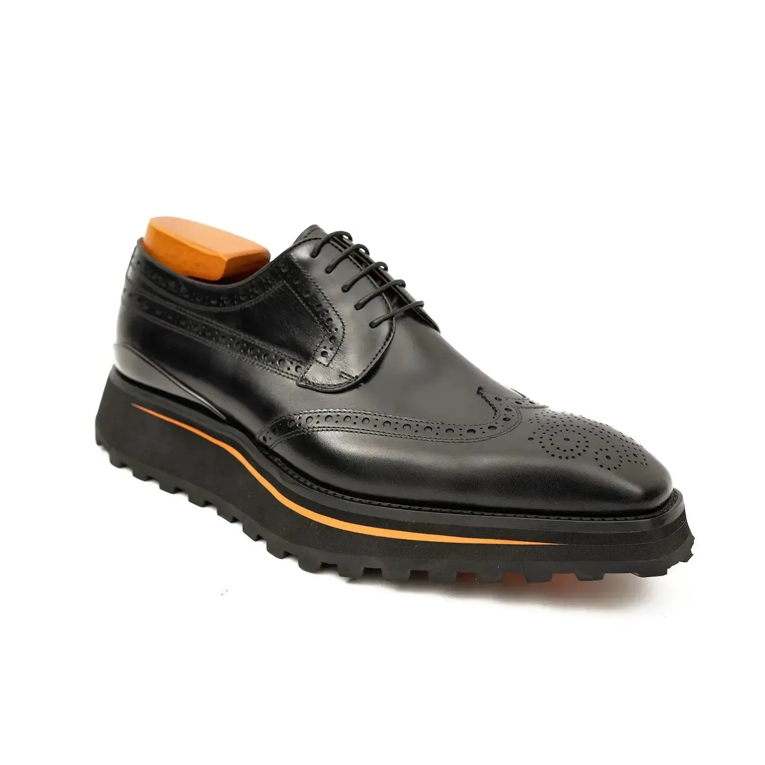 Thick-soled calfskin formal brogue derby shoes Black