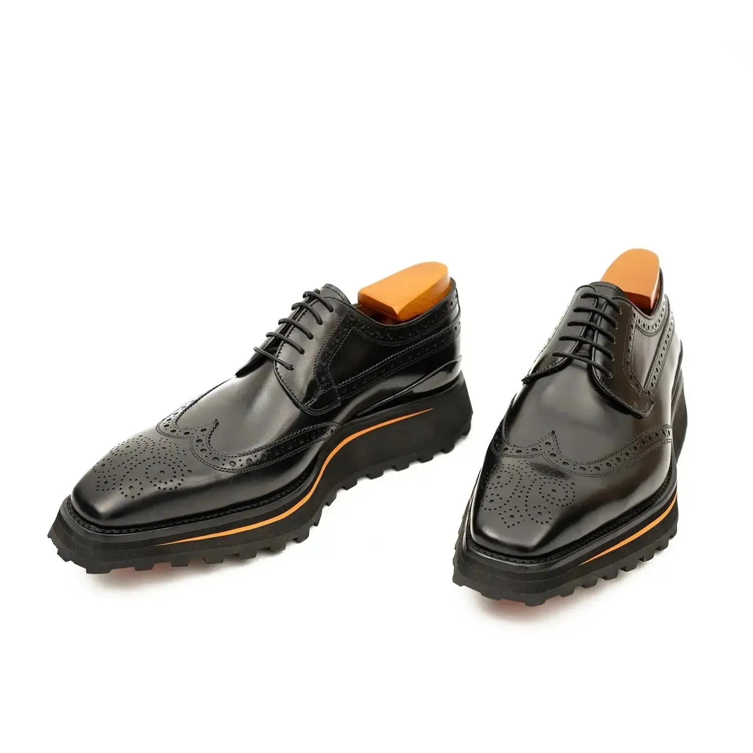 Thick-soled calfskin formal brogue derby shoes Black