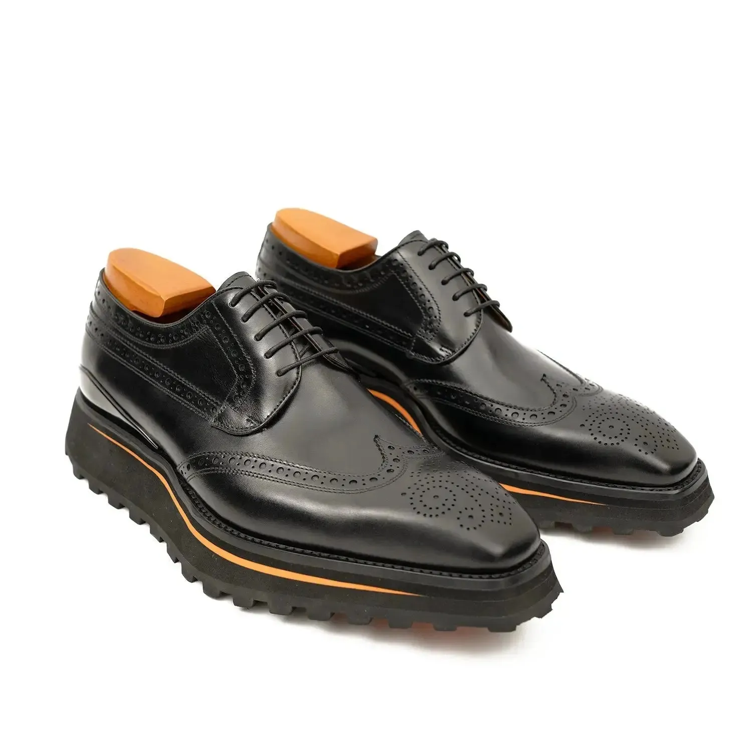 Thick-soled calfskin formal brogue derby shoes Black