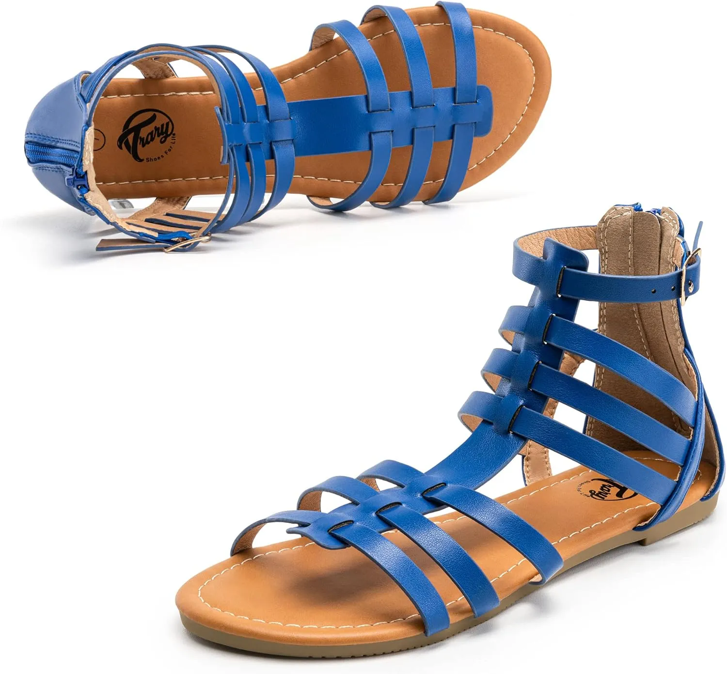 Trary Women's Sandal, Comfortable Gladiator Sandals Ankle Strap Flats Sandalias Para Mujer Beach Sandals Wide Width Open Toe Cross Strappy Sandals for Women Dressy Summer