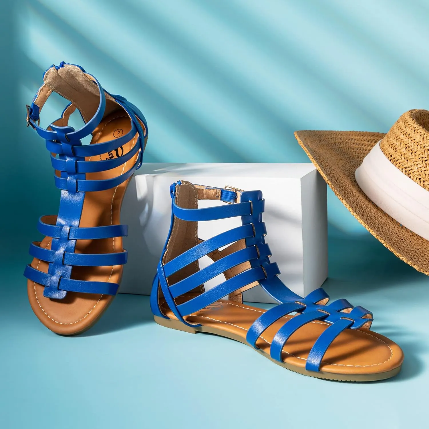 Trary Women's Sandal, Comfortable Gladiator Sandals Ankle Strap Flats Sandalias Para Mujer Beach Sandals Wide Width Open Toe Cross Strappy Sandals for Women Dressy Summer