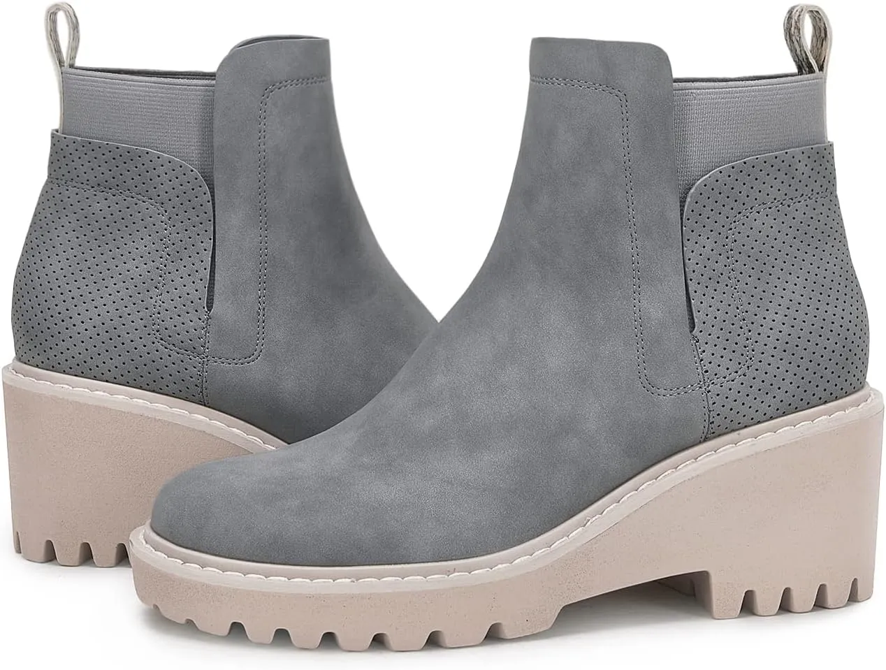 Trish Lucia Womens Platform Lug Sole Chelsea Boots Ankle High Chunky Block Heel Non-Slip Suede Leather Slip on Combat Fashion Booties
