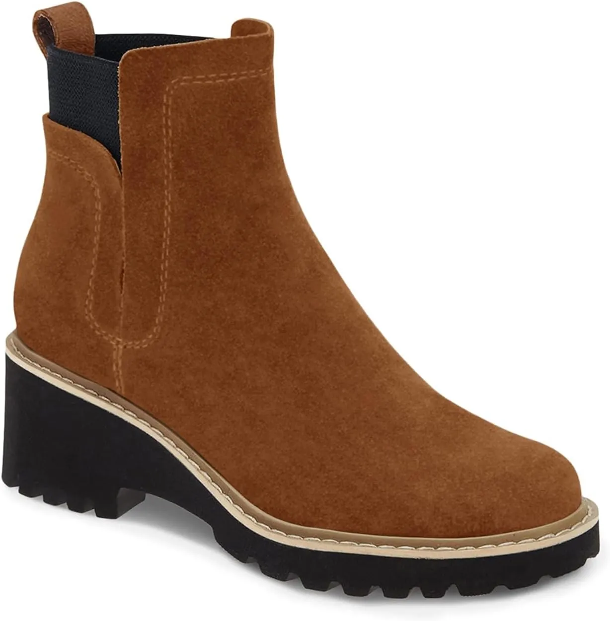 Trish Lucia Womens Platform Lug Sole Chelsea Boots Ankle High Chunky Block Heel Non-Slip Suede Leather Slip on Combat Fashion Booties