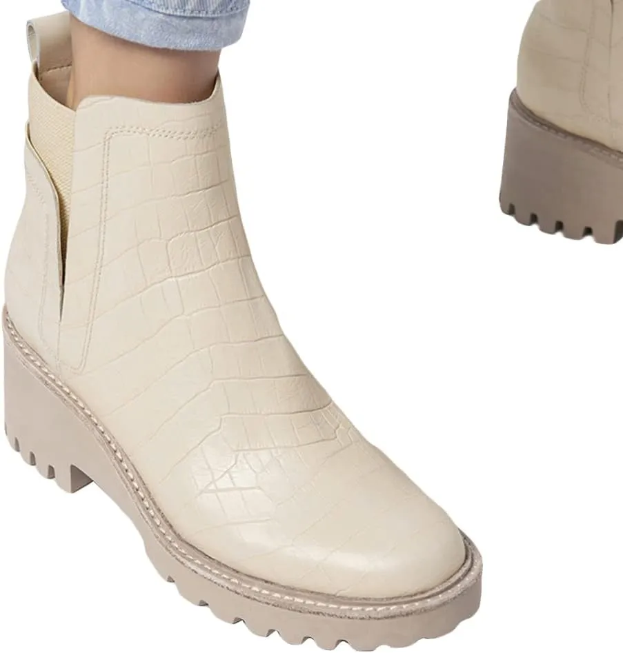 Trish Lucia Womens Platform Lug Sole Chelsea Boots Ankle High Chunky Block Heel Non-Slip Suede Leather Slip on Combat Fashion Booties