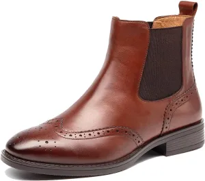 U-lite Women Brown Winter Wing-tip Vintage Brogue leather Chelsea ankle boots Womens booties 5.5