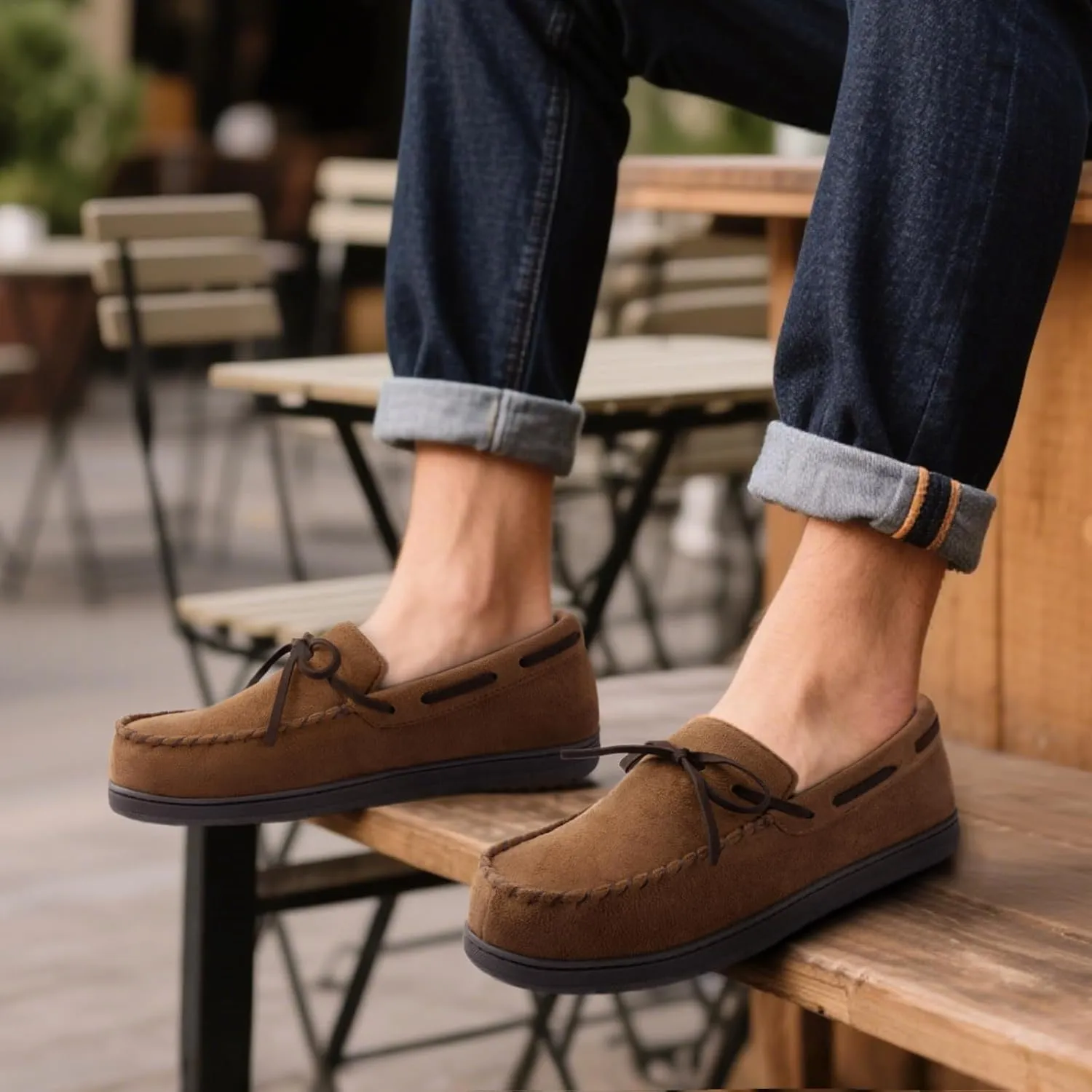 ULTRAIDEAS Men's Luke Microsuede Moccasin Slippers with Tie Indoor Outdoor