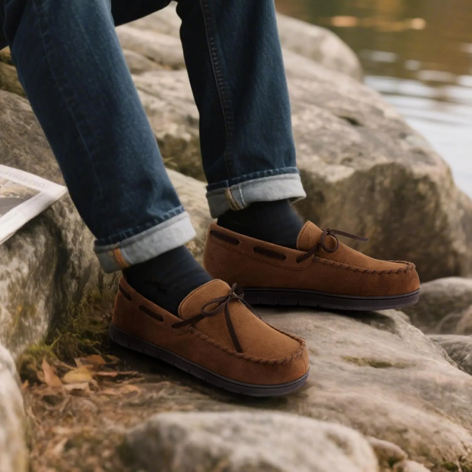 ULTRAIDEAS Men's Luke Microsuede Moccasin Slippers with Tie Indoor Outdoor