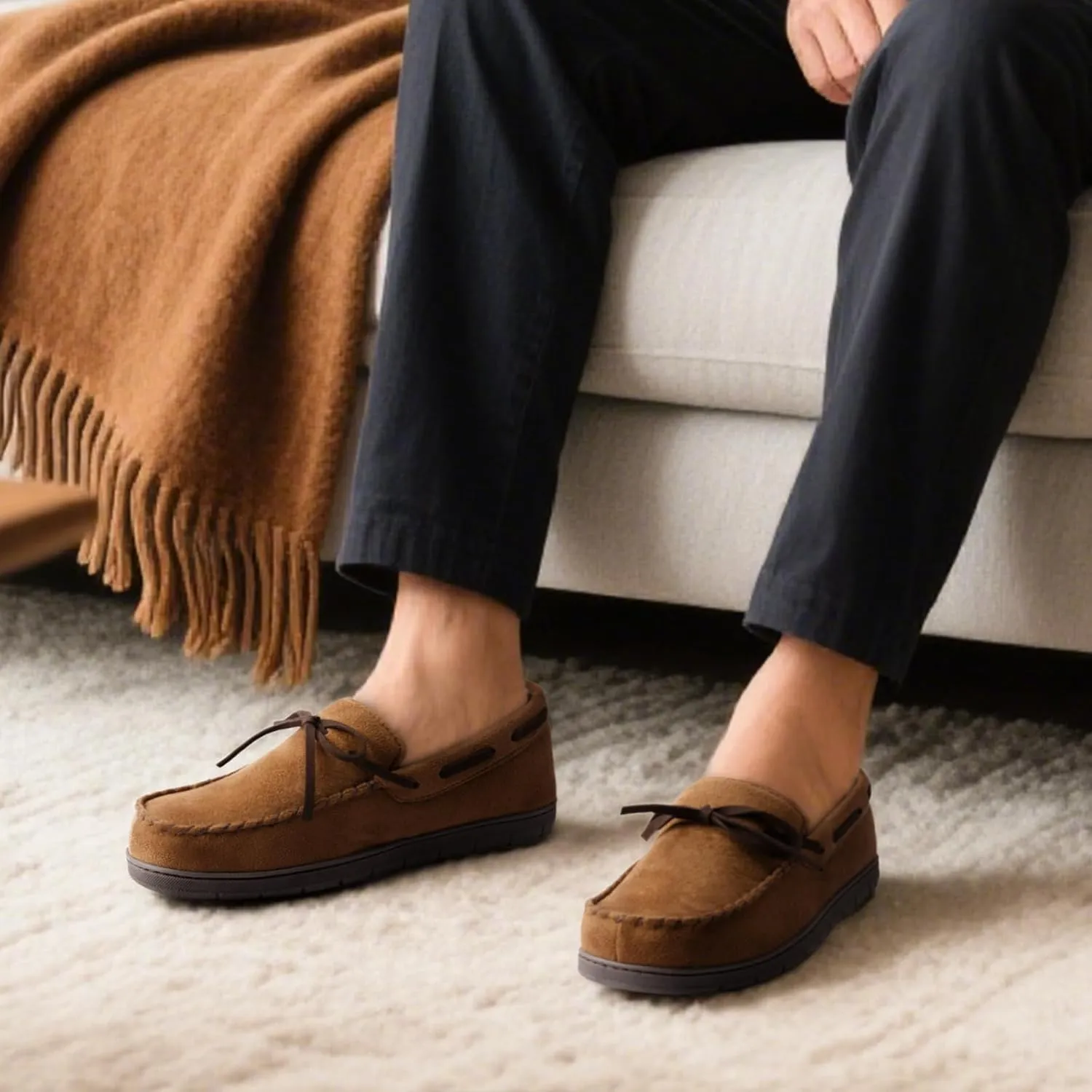 ULTRAIDEAS Men's Luke Microsuede Moccasin Slippers with Tie Indoor Outdoor