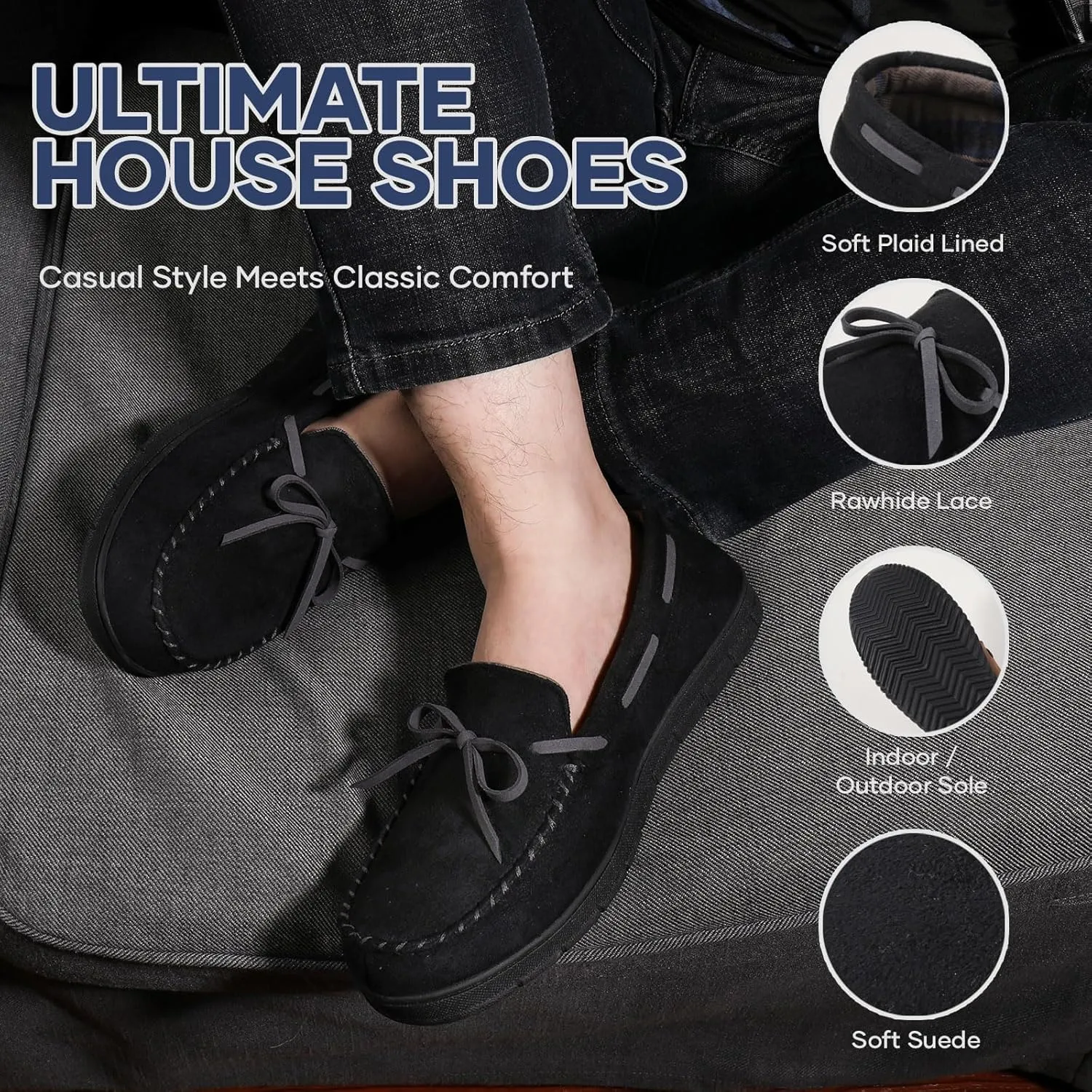 ULTRAIDEAS Men's Luke Microsuede Moccasin Slippers with Tie Indoor Outdoor