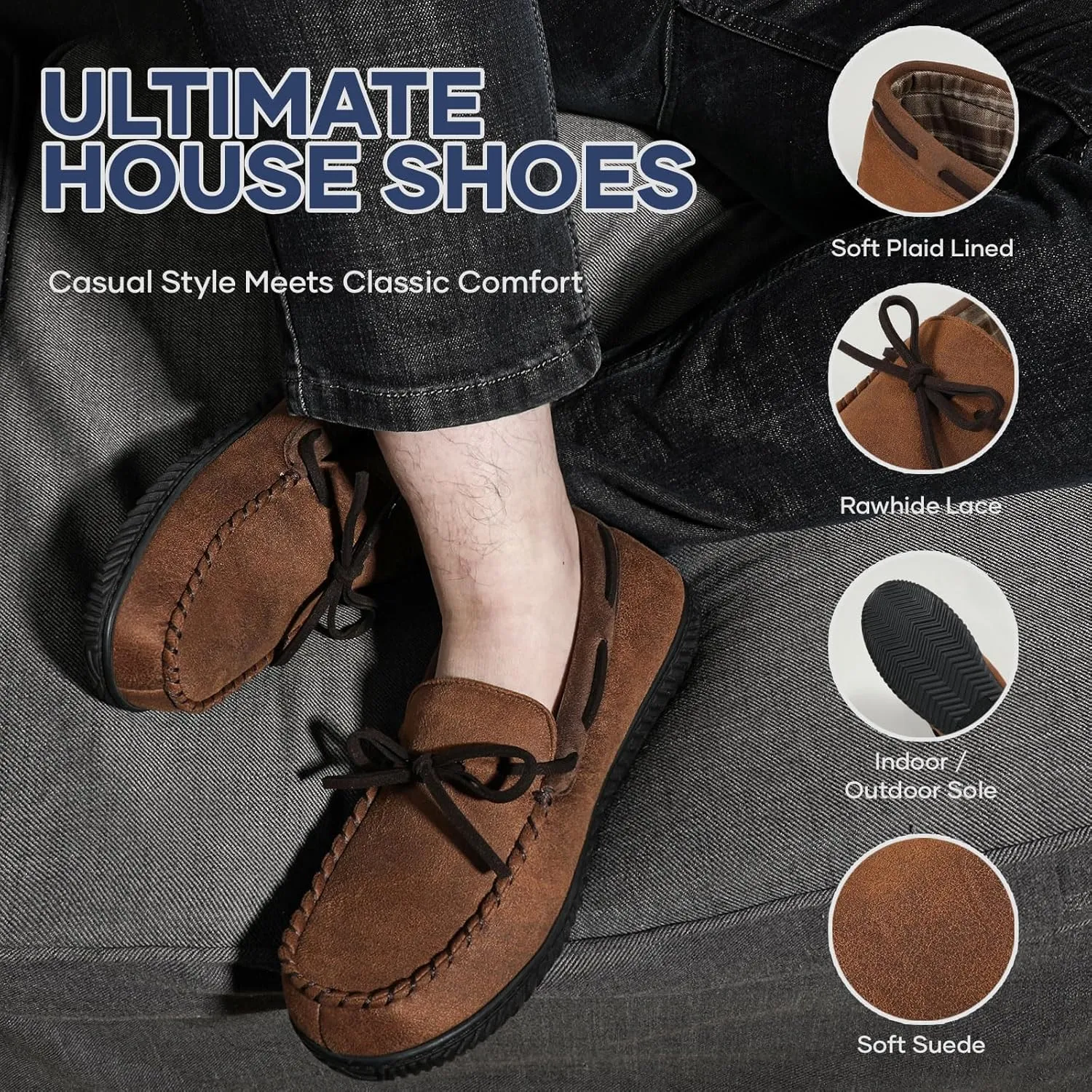 ULTRAIDEAS Men's Luke Microsuede Moccasin Slippers with Tie Indoor Outdoor