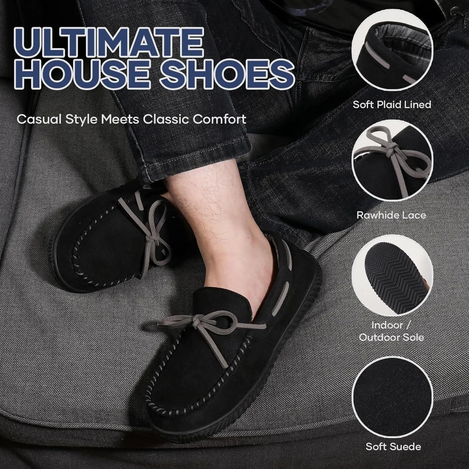ULTRAIDEAS Men's Luke Microsuede Moccasin Slippers with Tie Indoor Outdoor