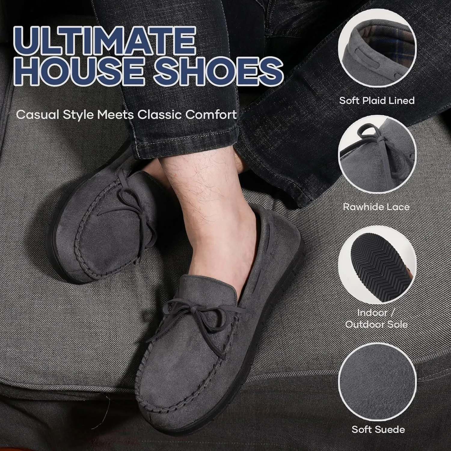 ULTRAIDEAS Men's Luke Microsuede Moccasin Slippers with Tie Indoor Outdoor