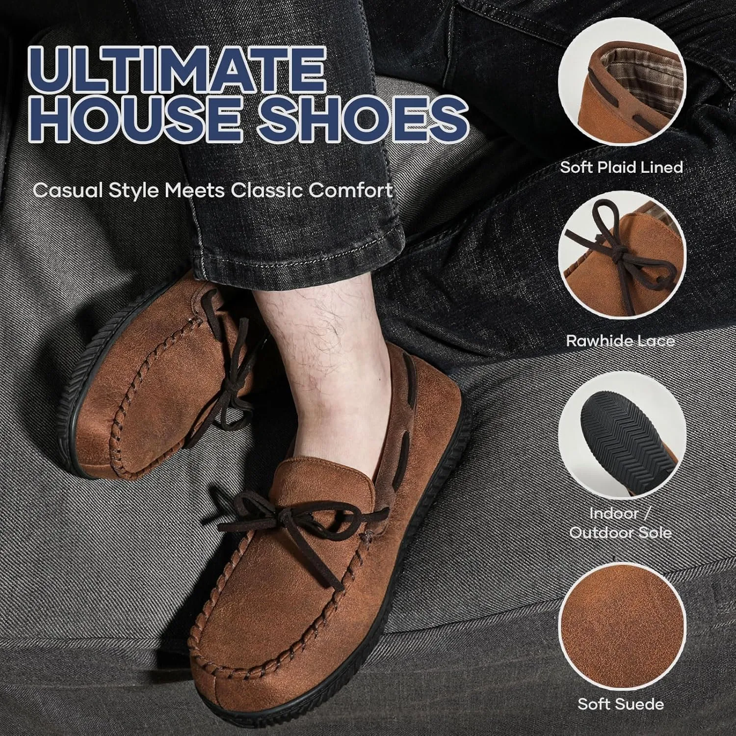 ULTRAIDEAS Men's Luke Microsuede Moccasin Slippers with Tie Indoor Outdoor