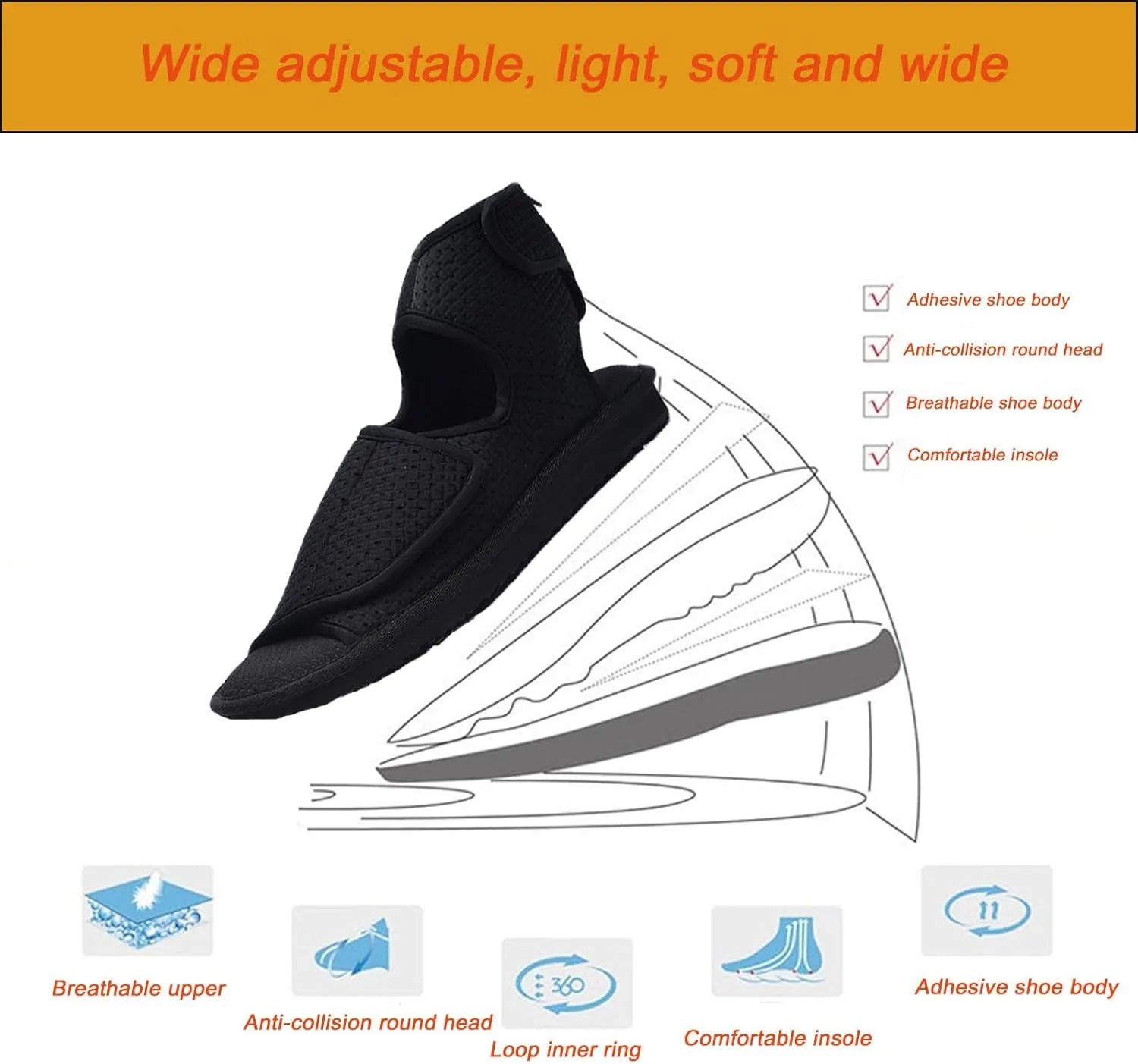 Unisex Open Toe Diabetic Shoes, Adjustable Arthritis Edema Slippers, Medical Open Toe Cast Shoes for Diabetic Edema Plantar Fasciitis Bunions Arthritis Swollen Feet Indoor Outdoor Black
