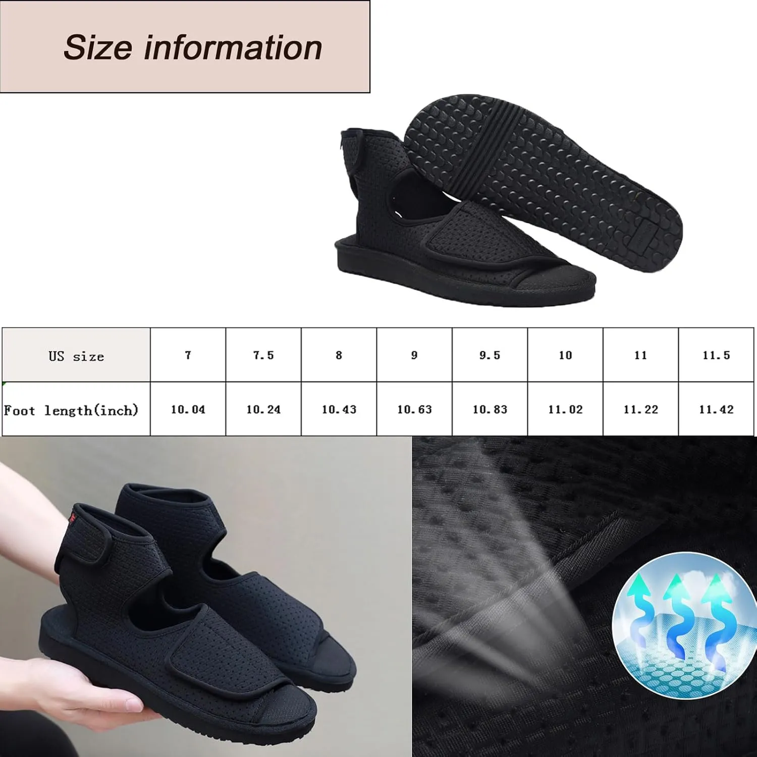 Unisex Open Toe Diabetic Shoes, Adjustable Arthritis Edema Slippers, Medical Open Toe Cast Shoes for Diabetic Edema Plantar Fasciitis Bunions Arthritis Swollen Feet Indoor Outdoor Black