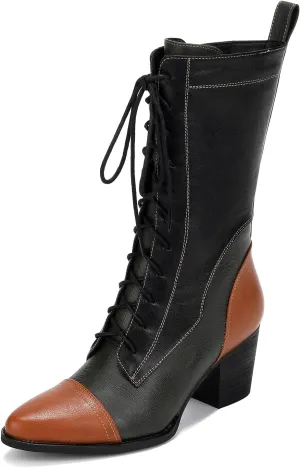 UTIKLIOU Women's Mid Calf Boots Lace up Combat Boots Leather Side Zipper Winter Boots Faux Fur Lining