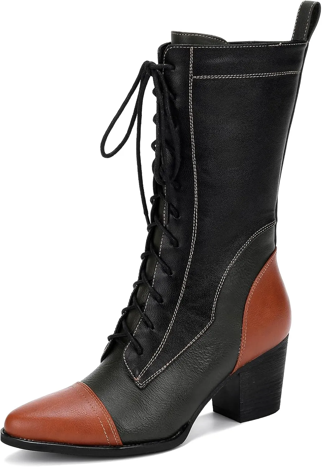UTIKLIOU Women's Mid Calf Boots Lace up Combat Boots Leather Side Zipper Winter Boots Faux Fur Lining