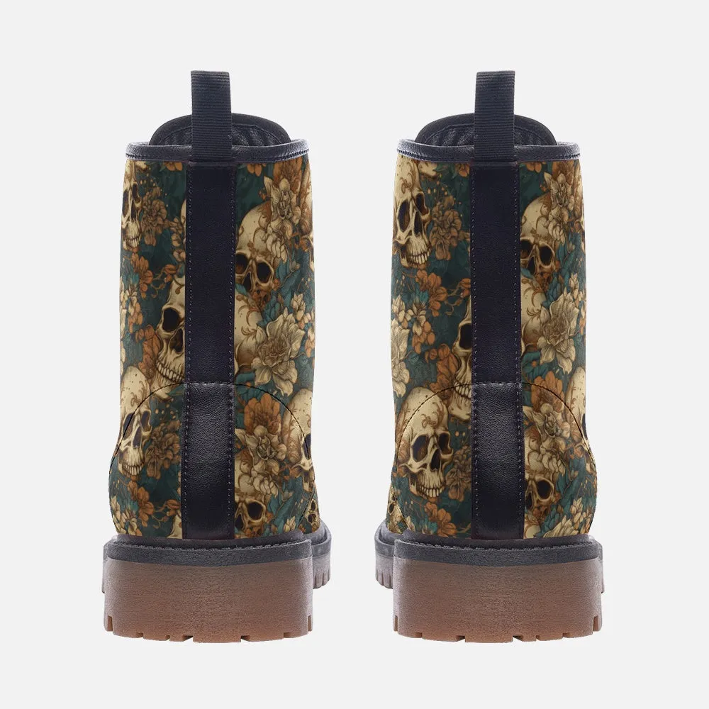 Vegan Combat Boots Dark Floral Skull