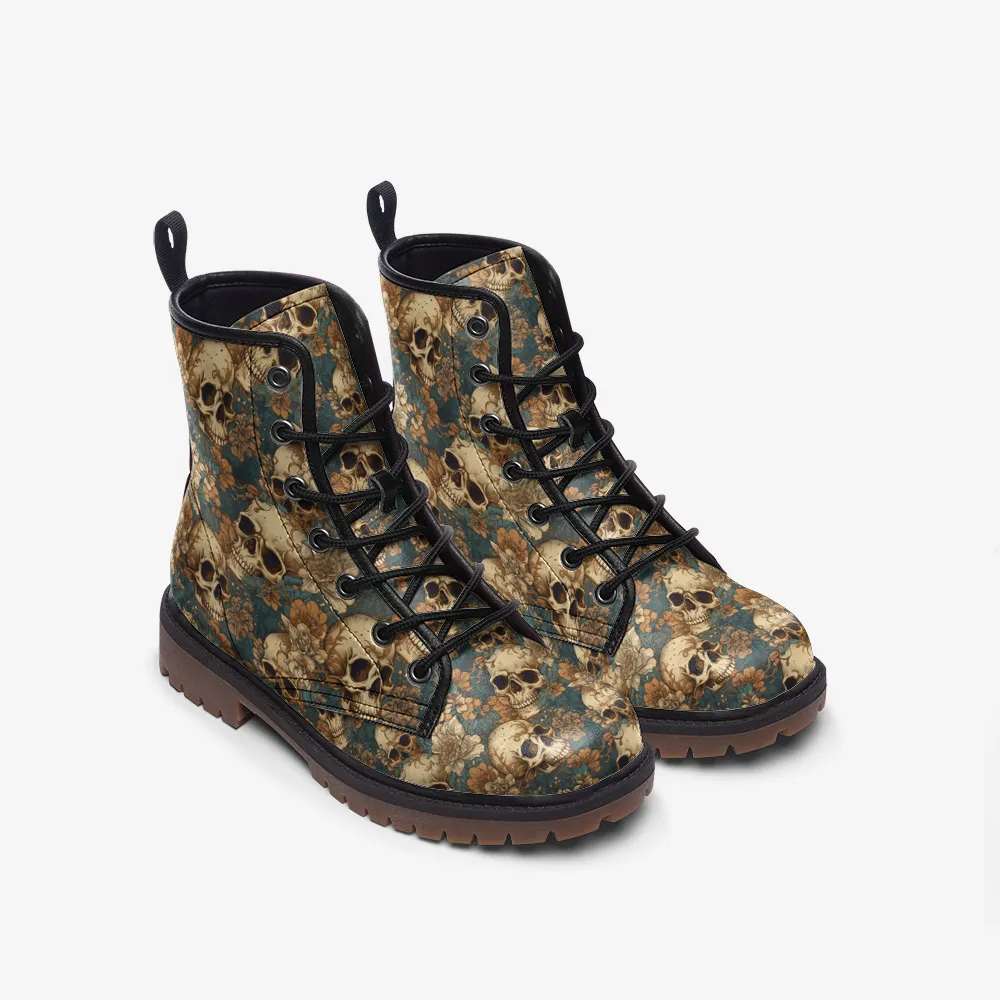 Vegan Combat Boots Dark Floral Skull