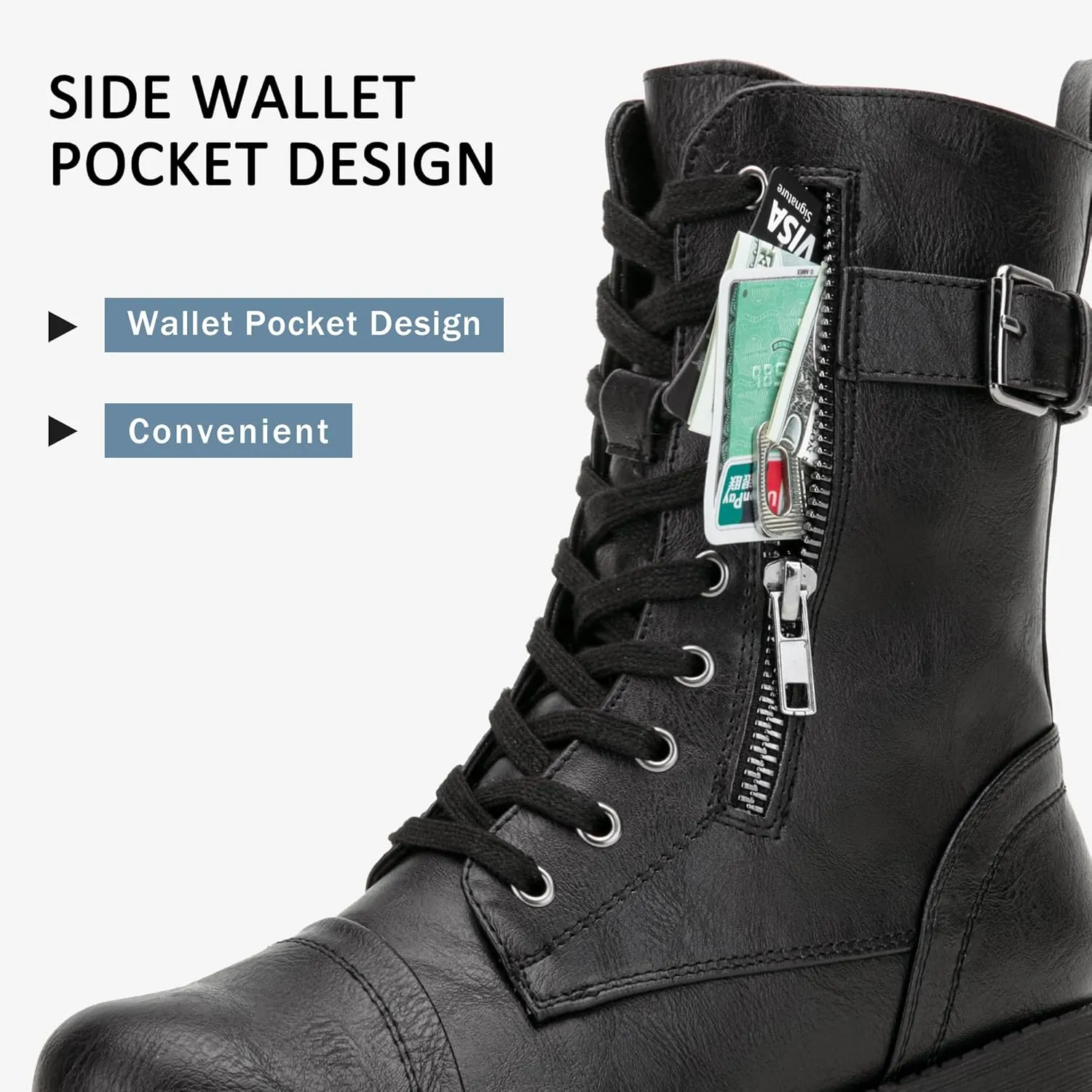 Vepose Women's 928 Combat Boots Low Heel, Mid Calf Military Boots with Card Knife Wallet Pocket
