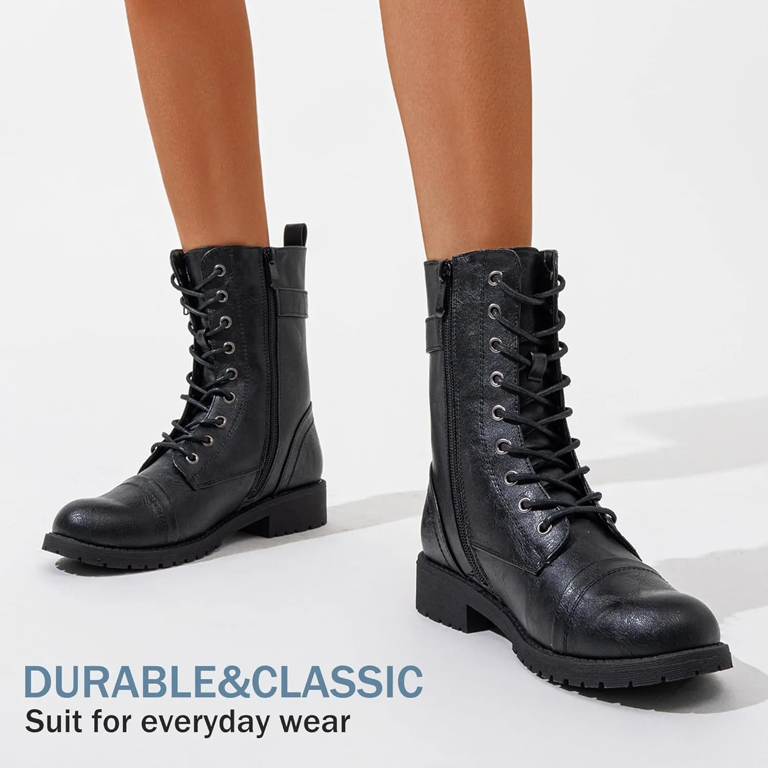 Vepose Women's 928 Combat Boots Low Heel, Mid Calf Military Boots with Card Knife Wallet Pocket