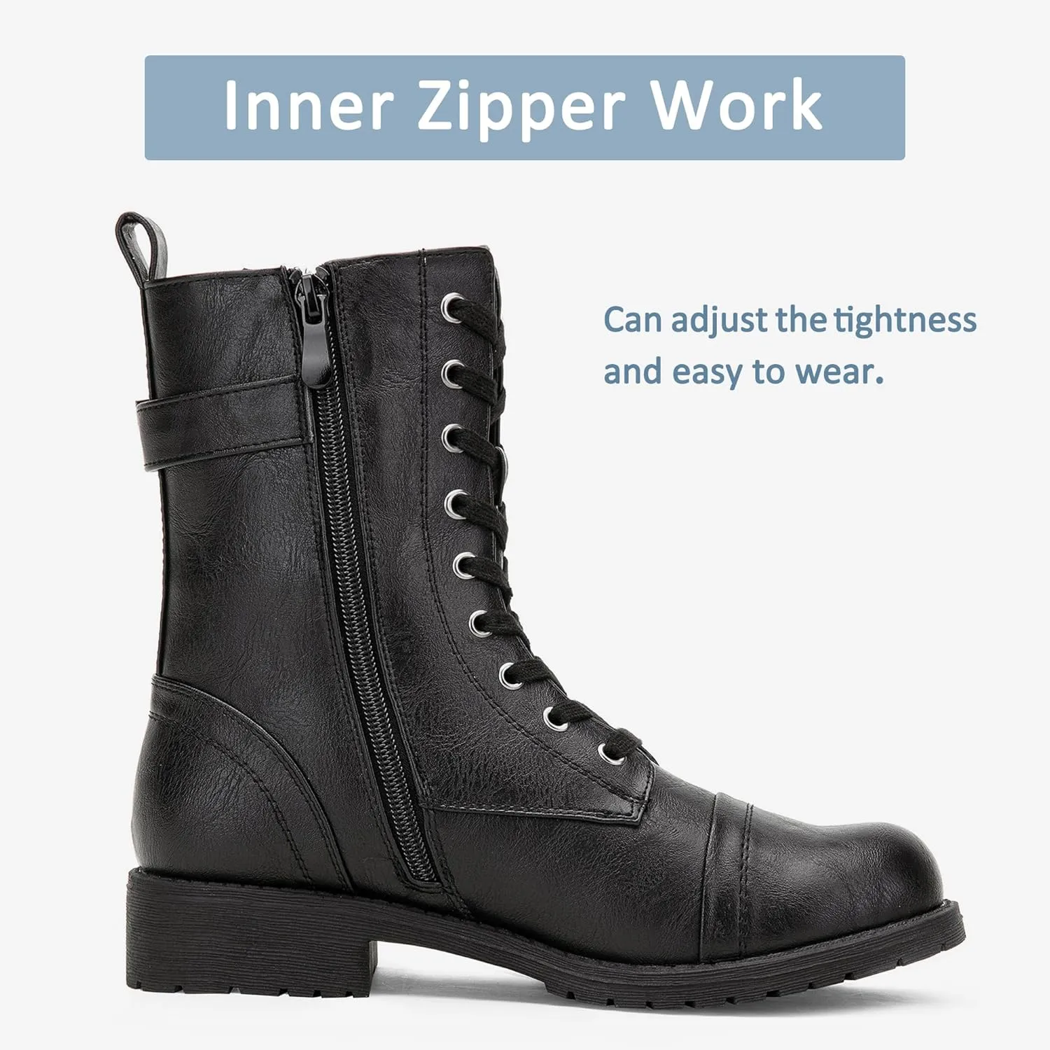 Vepose Women's 928 Combat Boots Low Heel, Mid Calf Military Boots with Card Knife Wallet Pocket