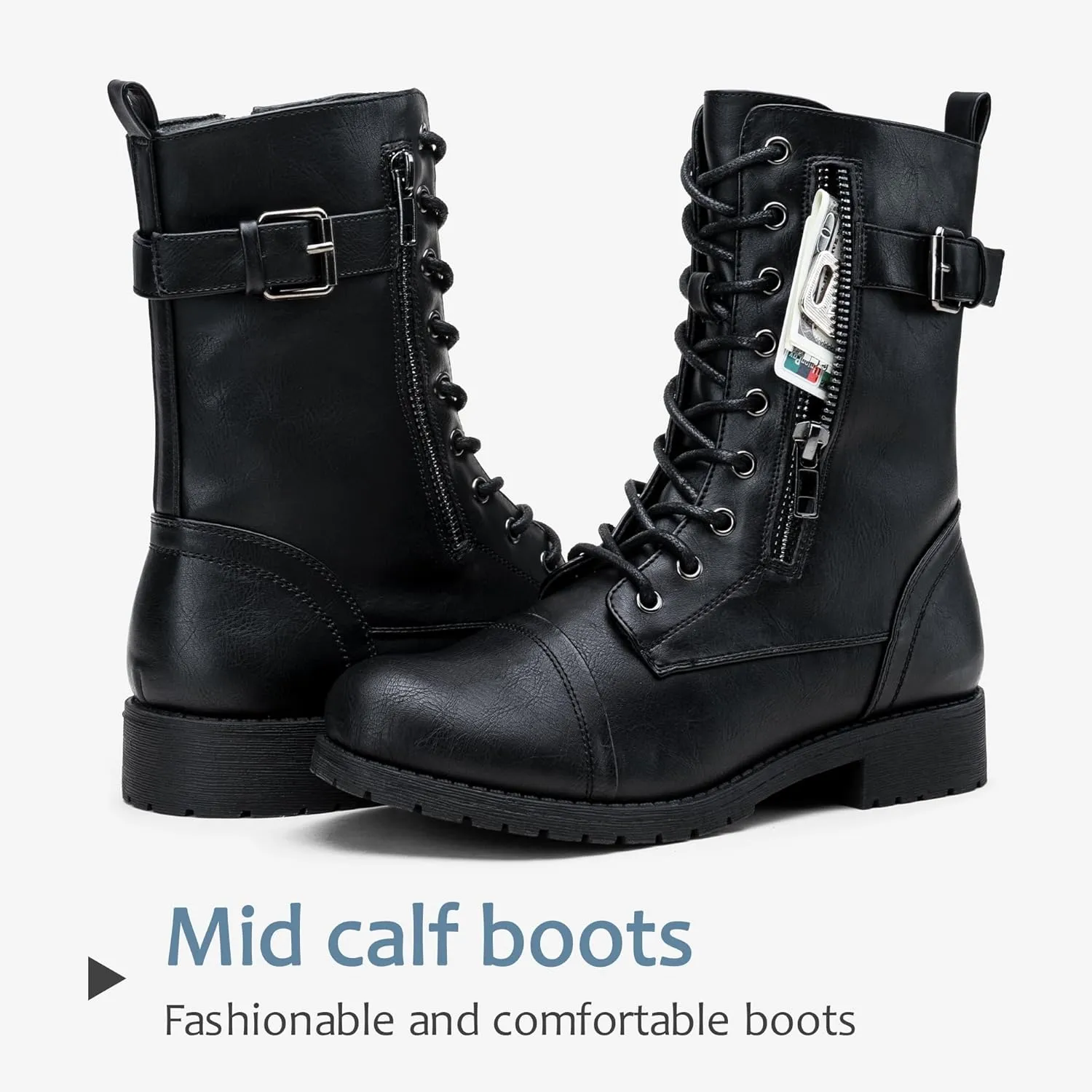 Vepose Women's 928 Combat Boots Low Heel, Mid Calf Military Boots with Card Knife Wallet Pocket