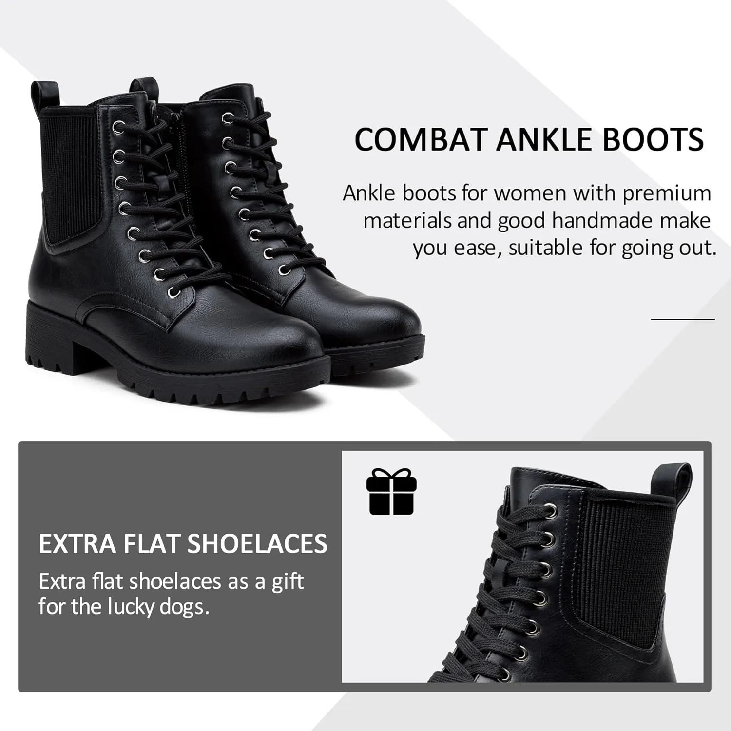 Vepose Women's Ankle Boots, Combat Lace up Booties with Inside Zipper