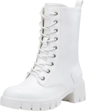 Vepose Women's Mid Calf Combat Boots Lace-up Elastic Chunky Platform Boot with Side Zipper