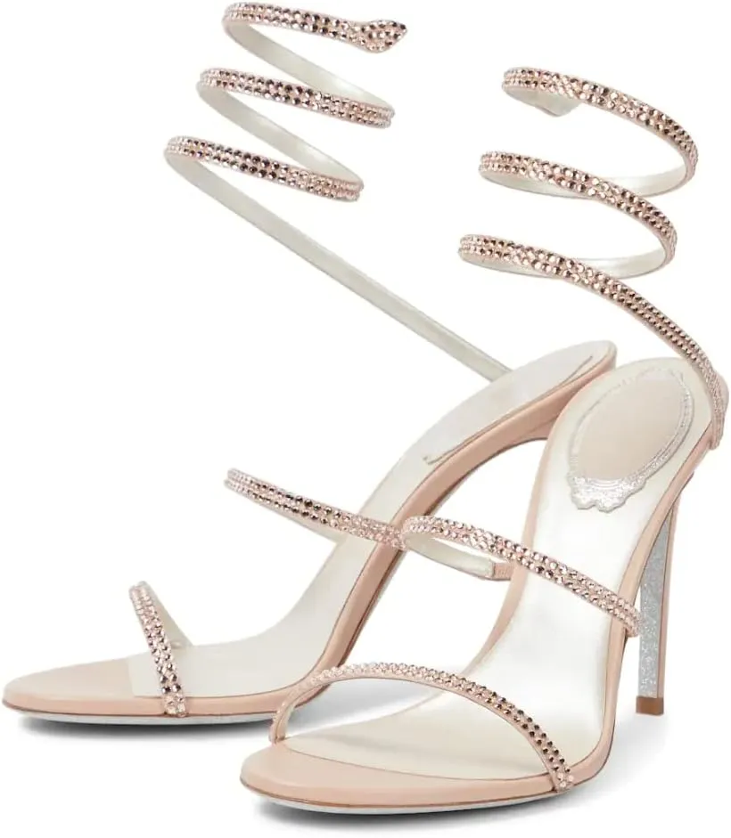 Vertundy Women’s Rhinestone Heeled Sandals - Gladiator Open Round Toe Stiletto High Heels Crystal Ankle Straps Dress Shoes for Party Wedding