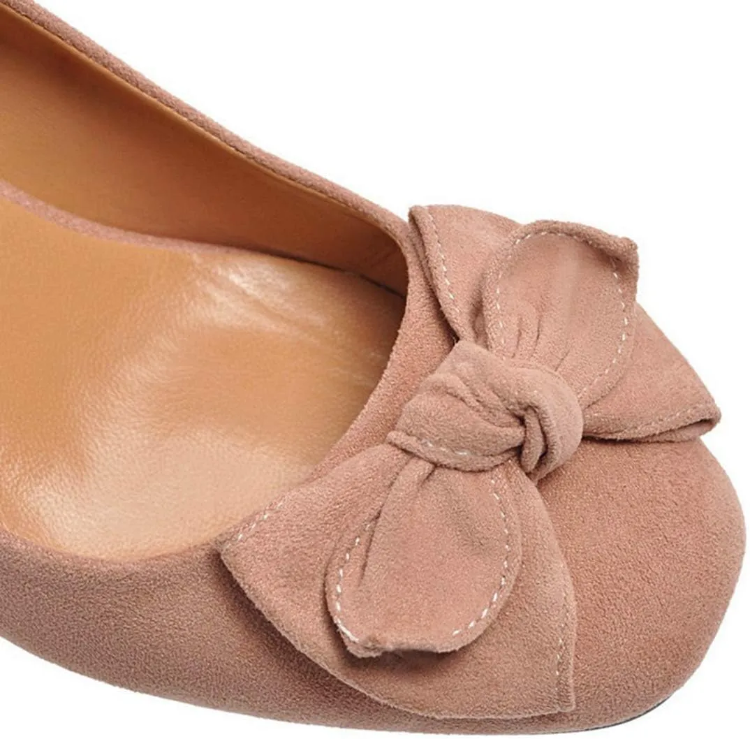 VOKLIN Women's Pointed Toe Bow Dress Pumps Suede Slip On Comfort Chunky Block Mid Heels Work Office Shoes